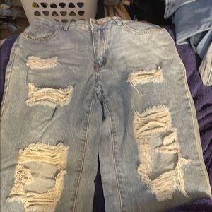 SHEIN Blue Distressed Straight Leg Jeans